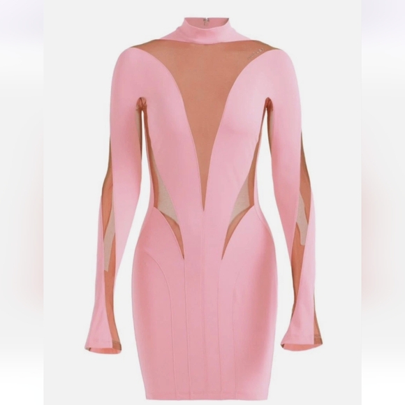 NWT Mugler X HM Mesh Panel Mini Dress In Pink & Beige | Sz Small Barbie - Picture 1 of 11